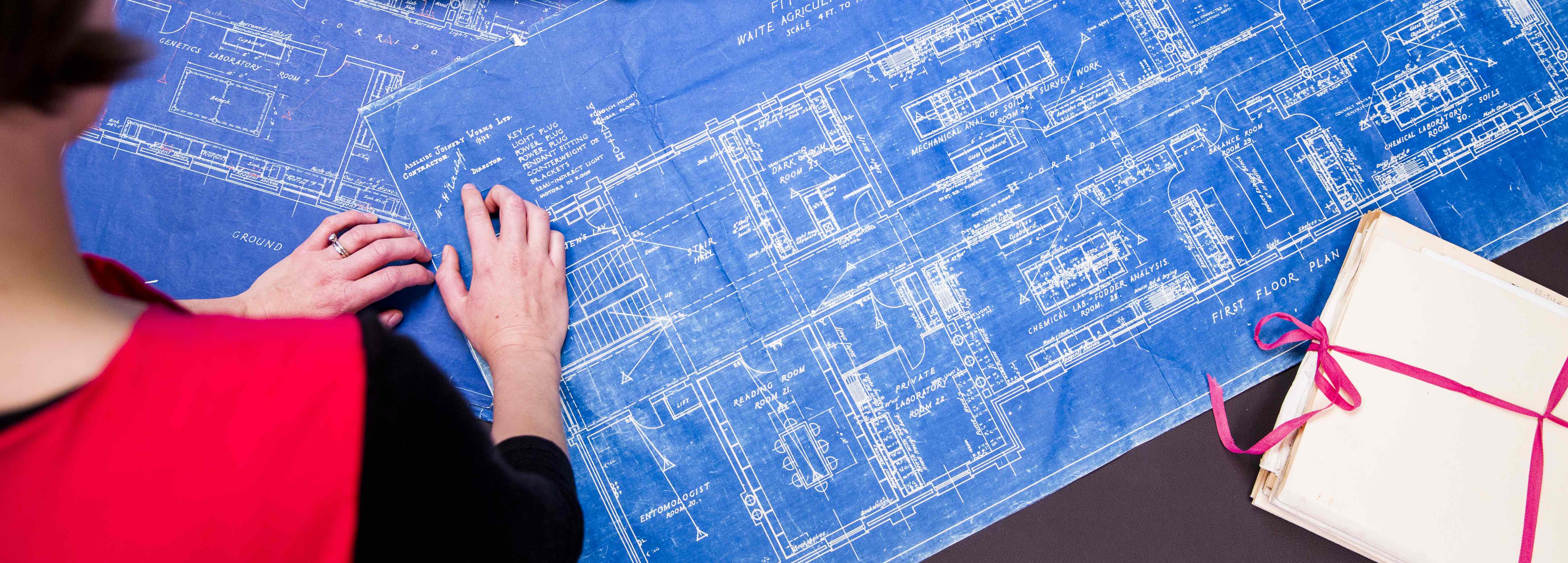 Archivist viewing blueprints